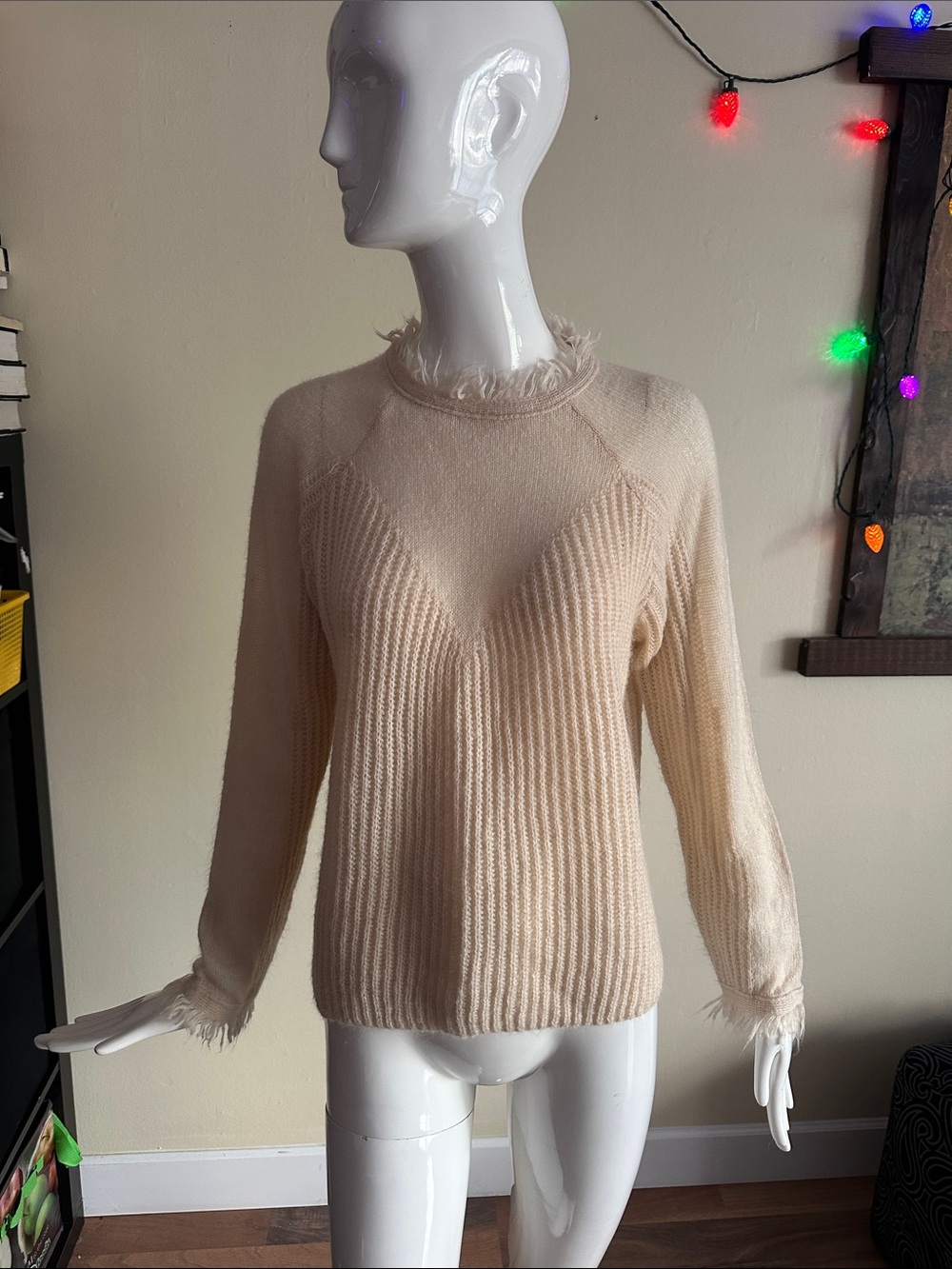 HYFVE Cream Ribbed Crewneck Sweater with Feather Trim